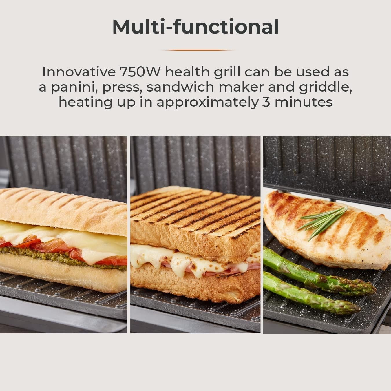 Health Grill & Panini Press 750W Non-Stick Cerastone Plates Black Stainless