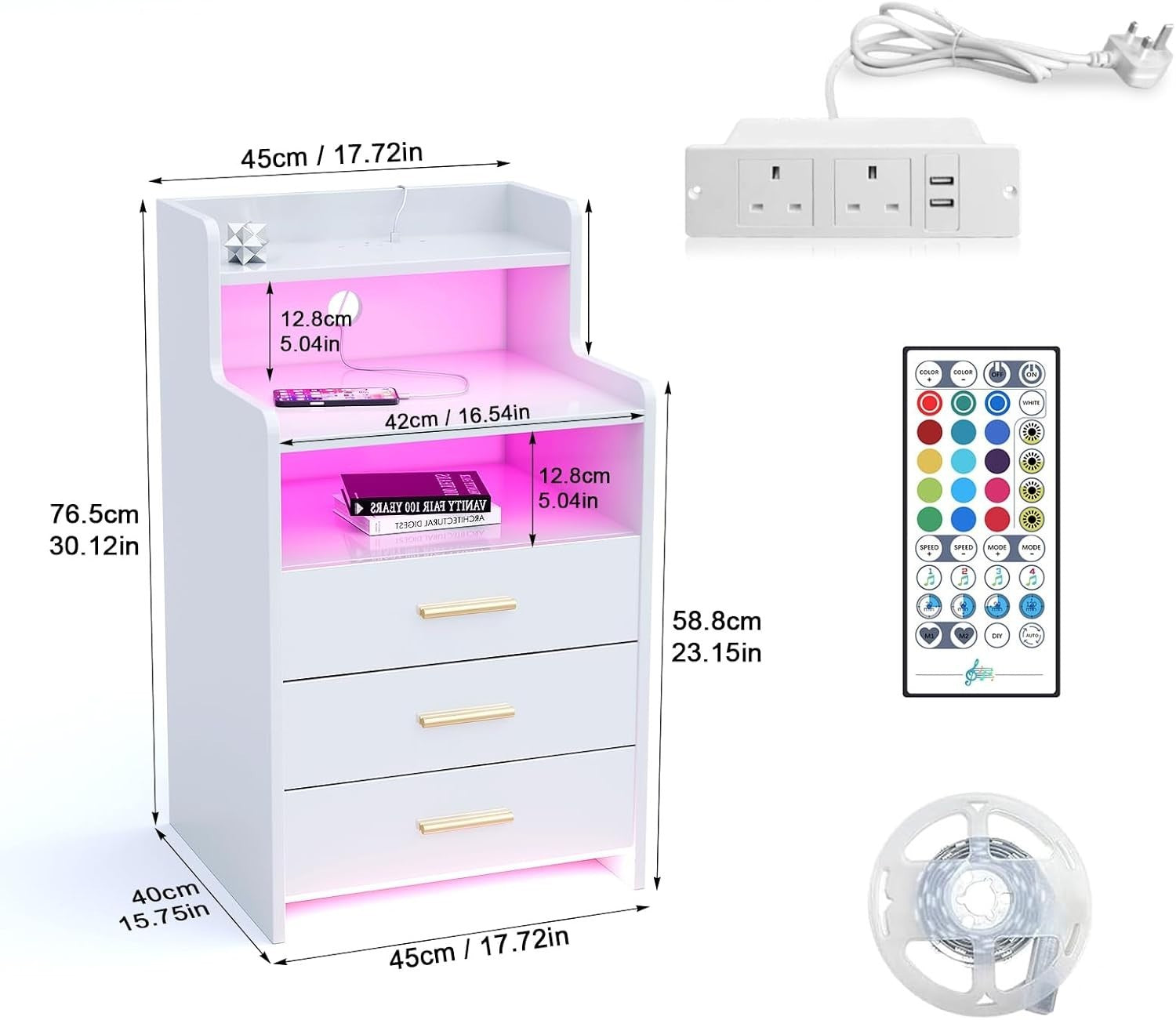 White LED Bedside Table with Power Socket, RGB Lights & 3 Drawers