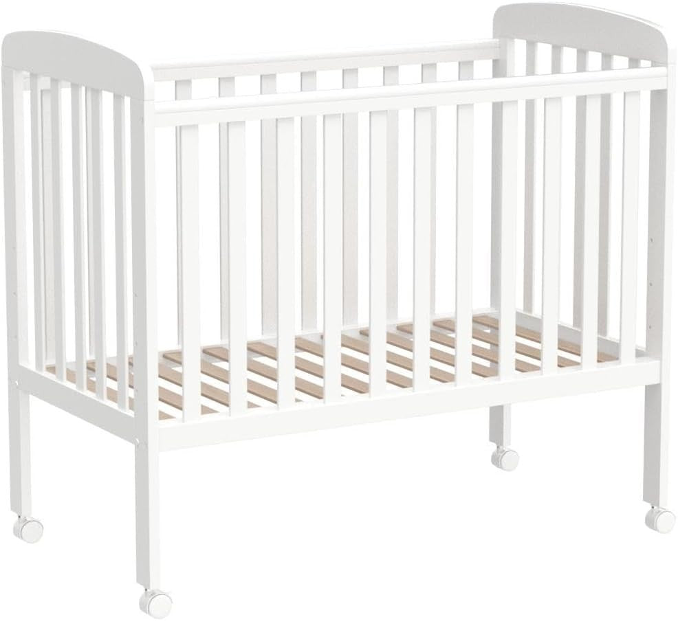Space Saver Baby Cot Bed Adjustable Height with Wheels White Compact Crib White