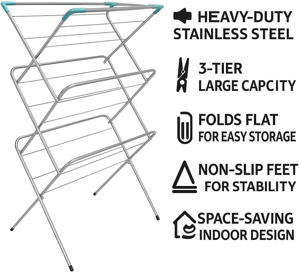 3 Tier Clothes Airer Drying Rack Heavy Duty Foldable Indoor Laundry Stand