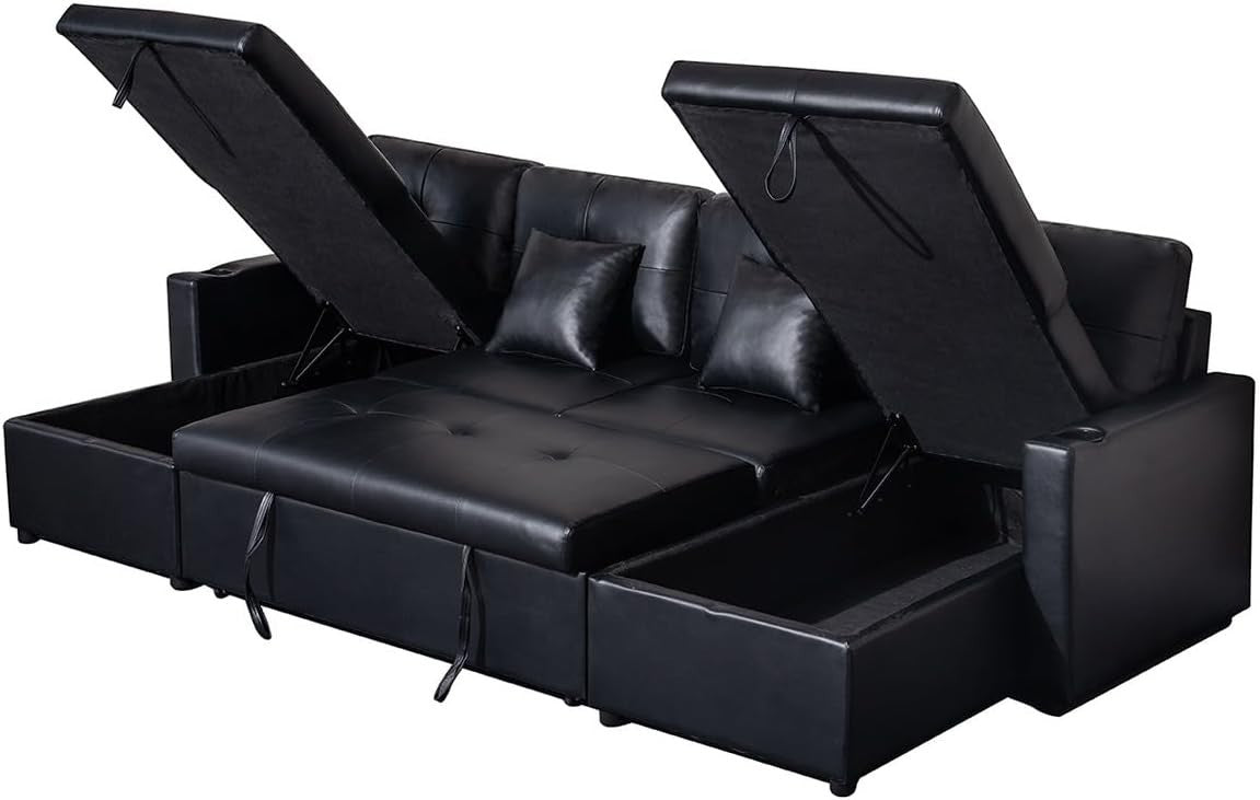 U Shaped Sofa Bed 4 Seater with Storage Pull Out Couch Black Fabric RH