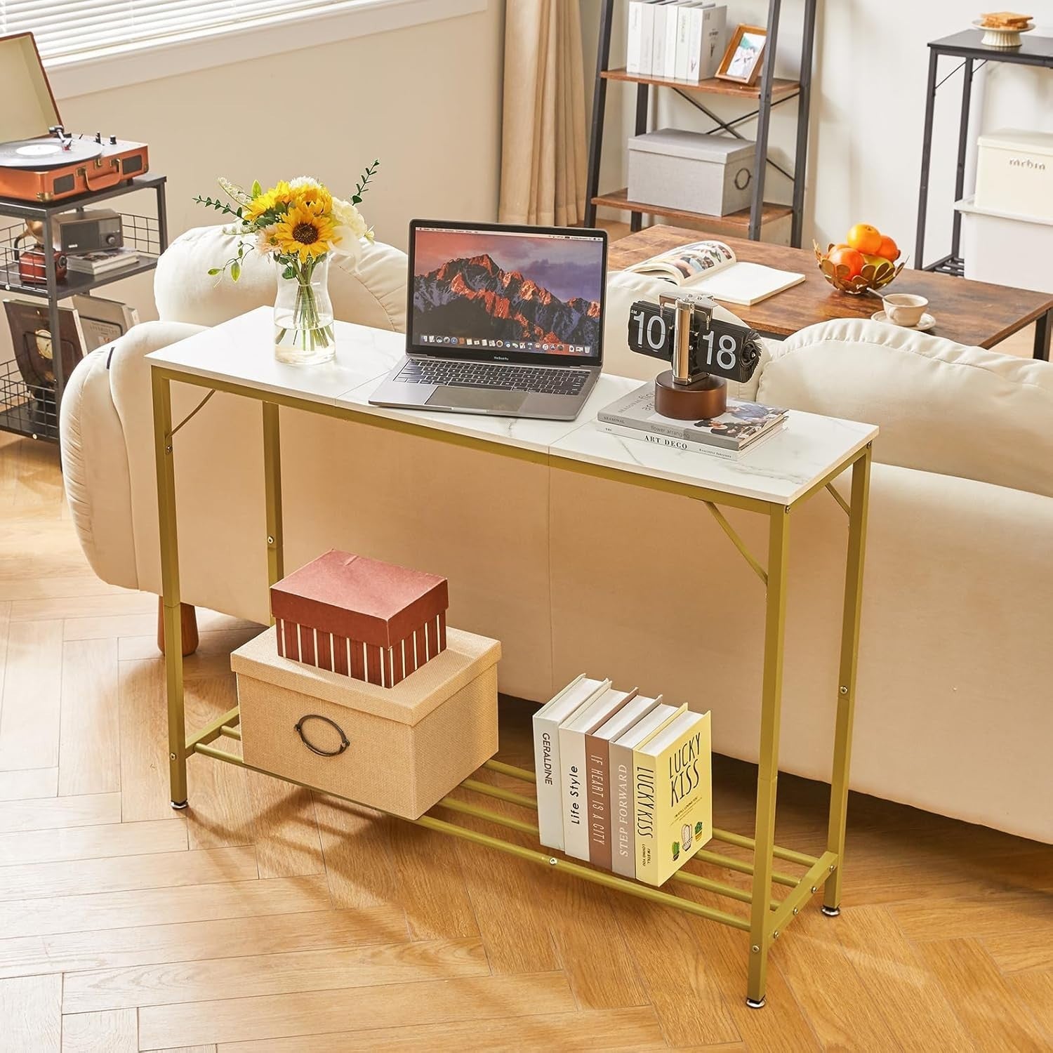 Slim Metal Frame Console Table 107cm Compact Hallway Sofa Table