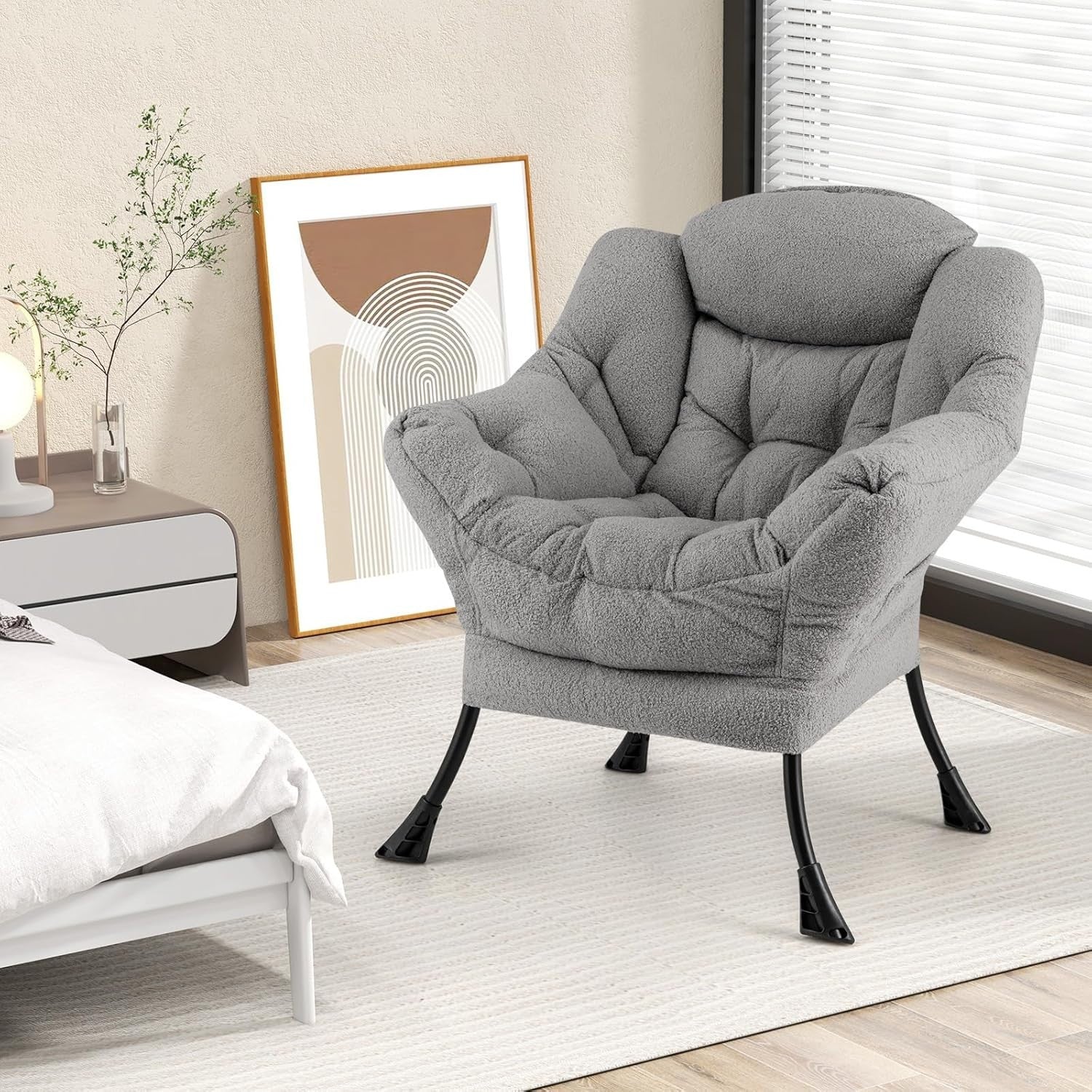 Grey Sherpa Armchair Comfy Reading Chair Lounge Sofa w/ Side Pocket