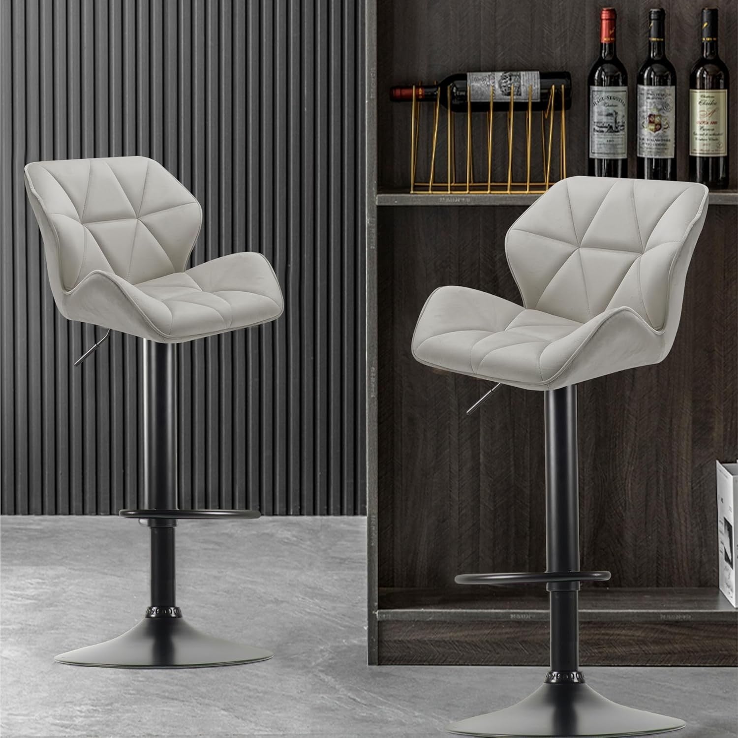 Velvet Grey Bar Stools Set of 2 – Adjustable Swivel Kitchen Chairs