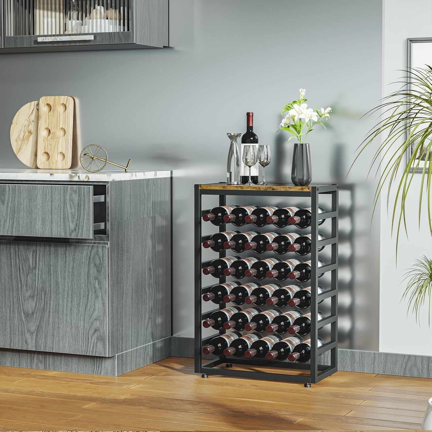 30 Bottle Wine Rack Floor Standing with Wood Top, 6-Tier Metal Wine Storage