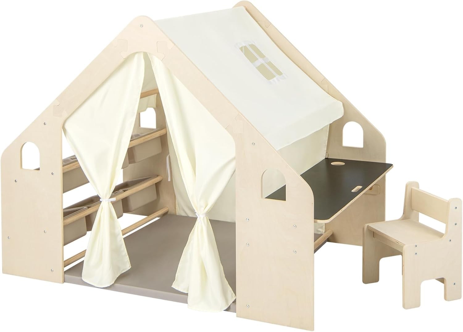 6 in 1 Kids Wooden Play Tent w Desk Chair Mat Blackboard Storage