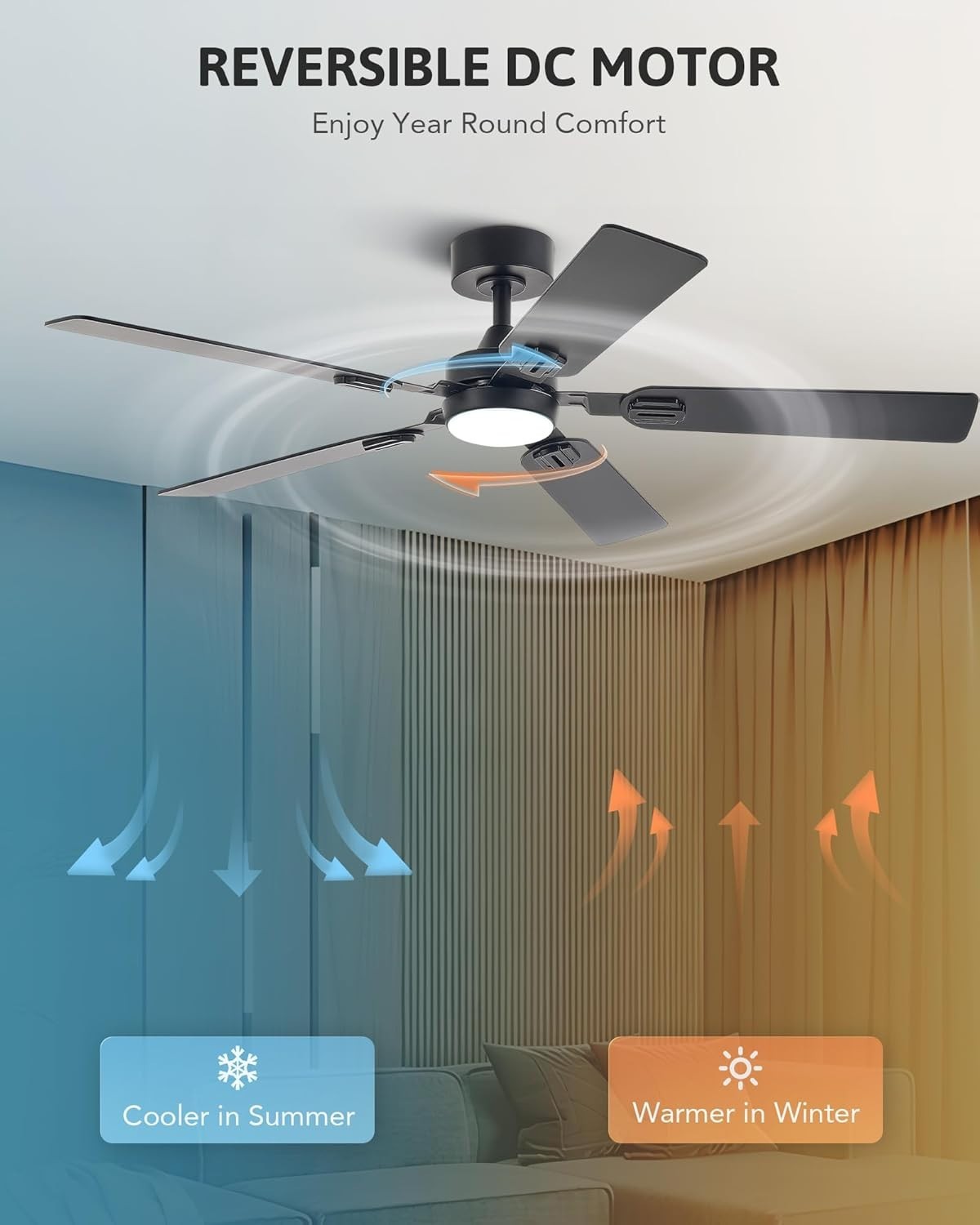 52" Ceiling Fan with Light, 6-Speed, Remote, Reversible, Black/Brown