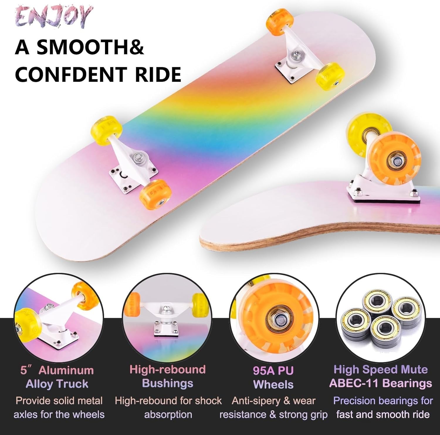 31x8 Maple Skateboard Complete Double Kick Rainbow Cruiser Kids Teens Adult