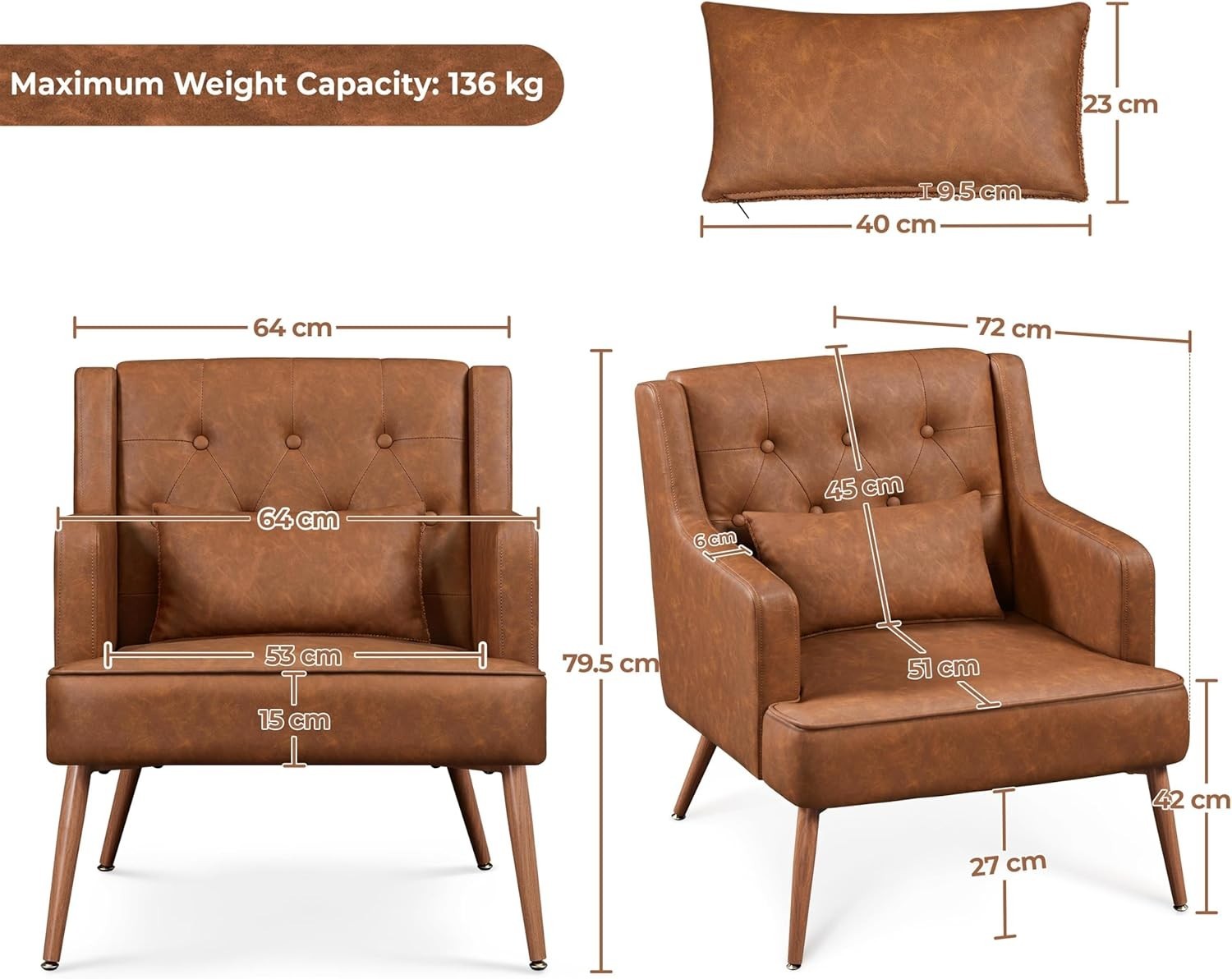 Brown Faux Leather Armchairs Set of 2 Lounge Chairs with Wood Legs