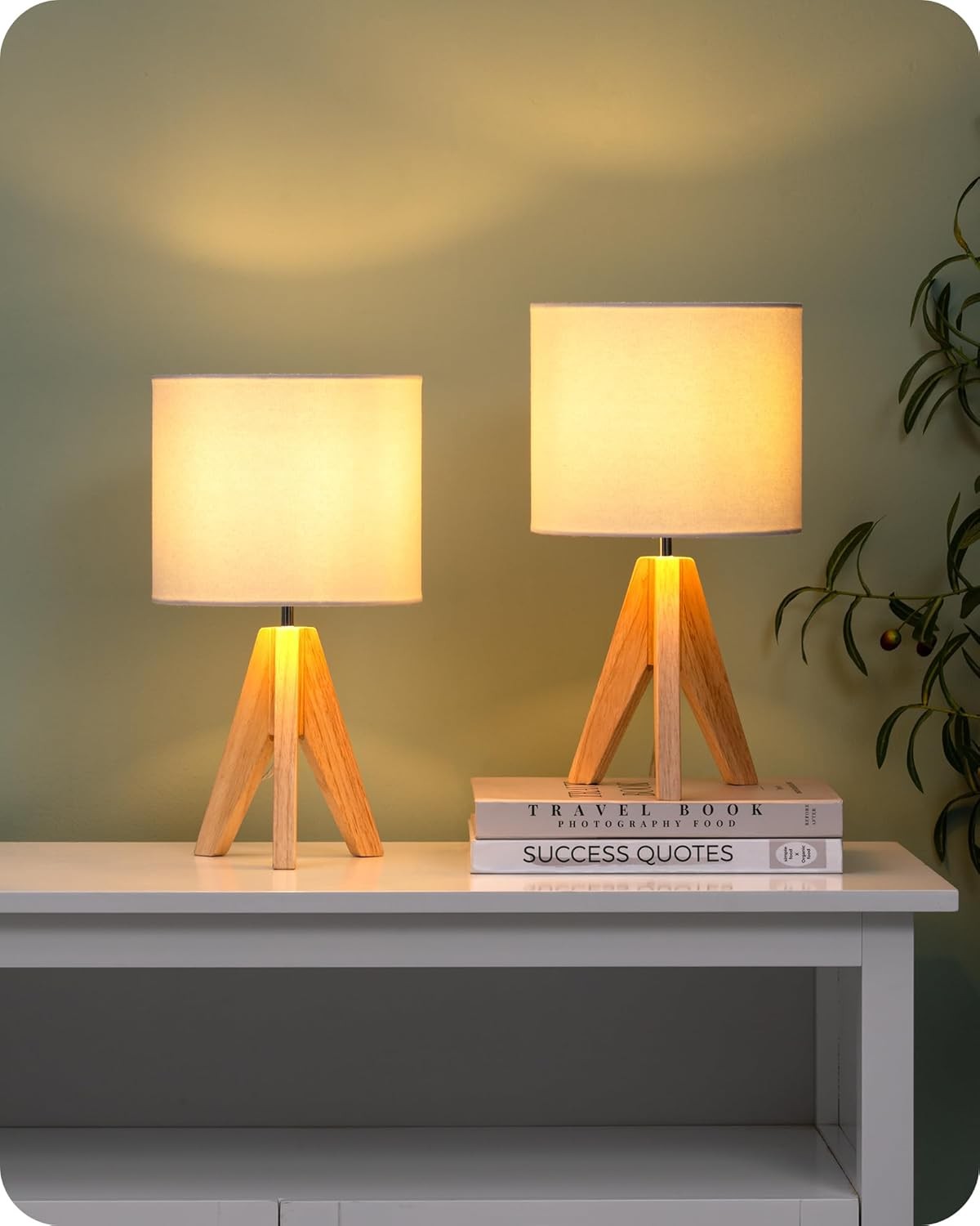 Wood Tripod Table Lamp Bedside Desk Light Linen Shade Reading Bedroom Office