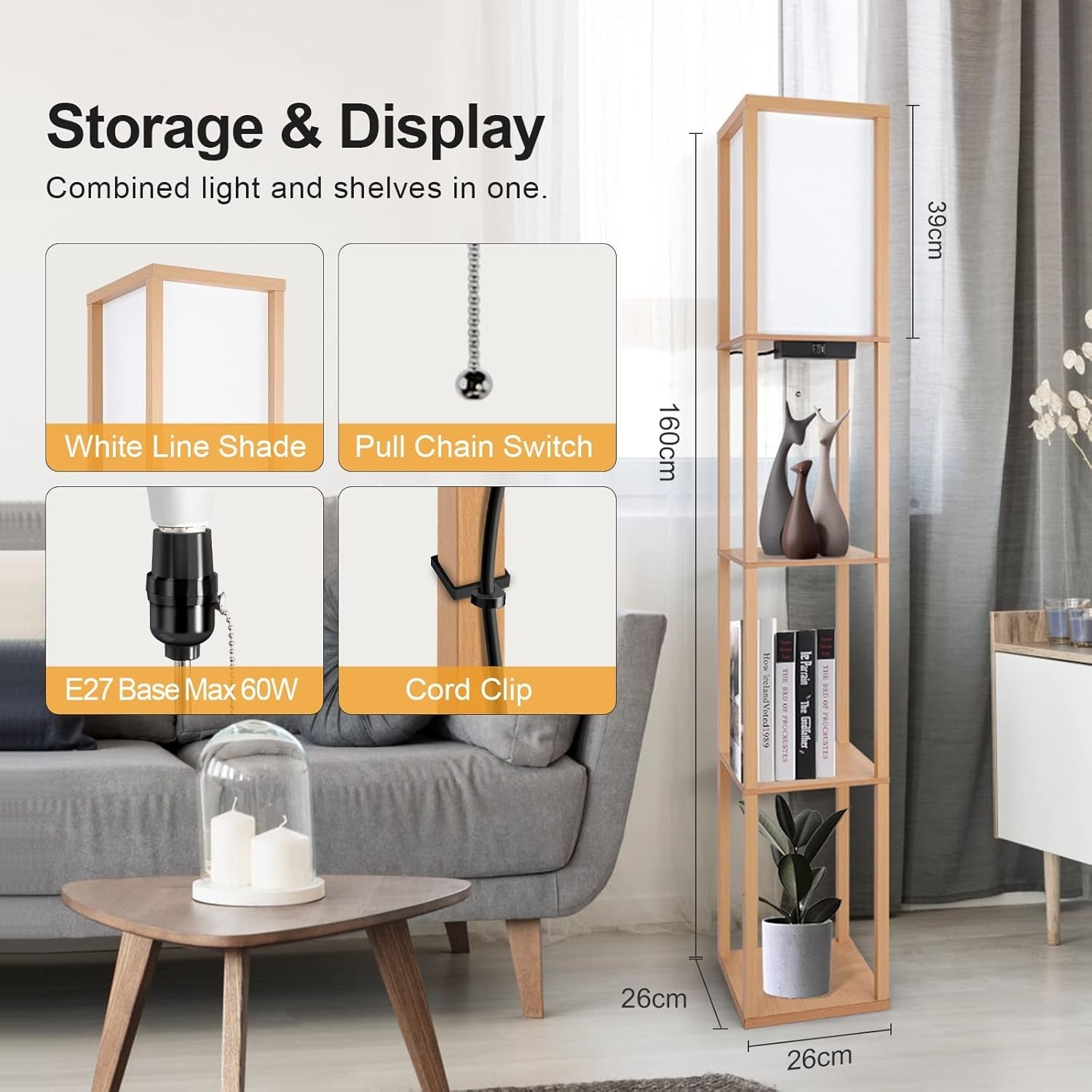Floor Lamp with Shelves USB C Charging LED Wooden Standing Storage Light
