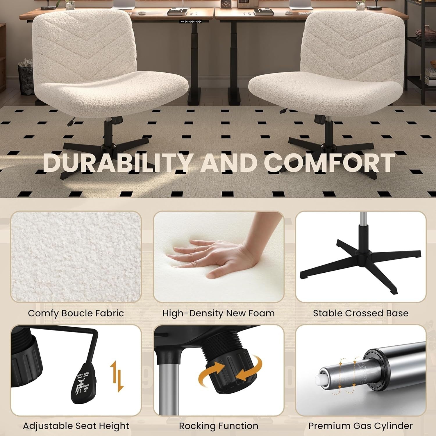 Boucle Office Desk Chair Adjustable Height Armless Swivel Ivory Home Study