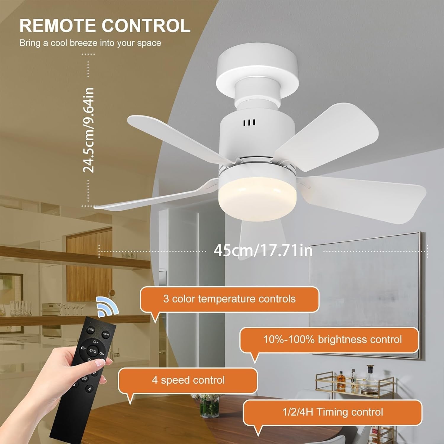 45cm Screw-In Ceiling Fan Light 4 Speeds 3 Colors White