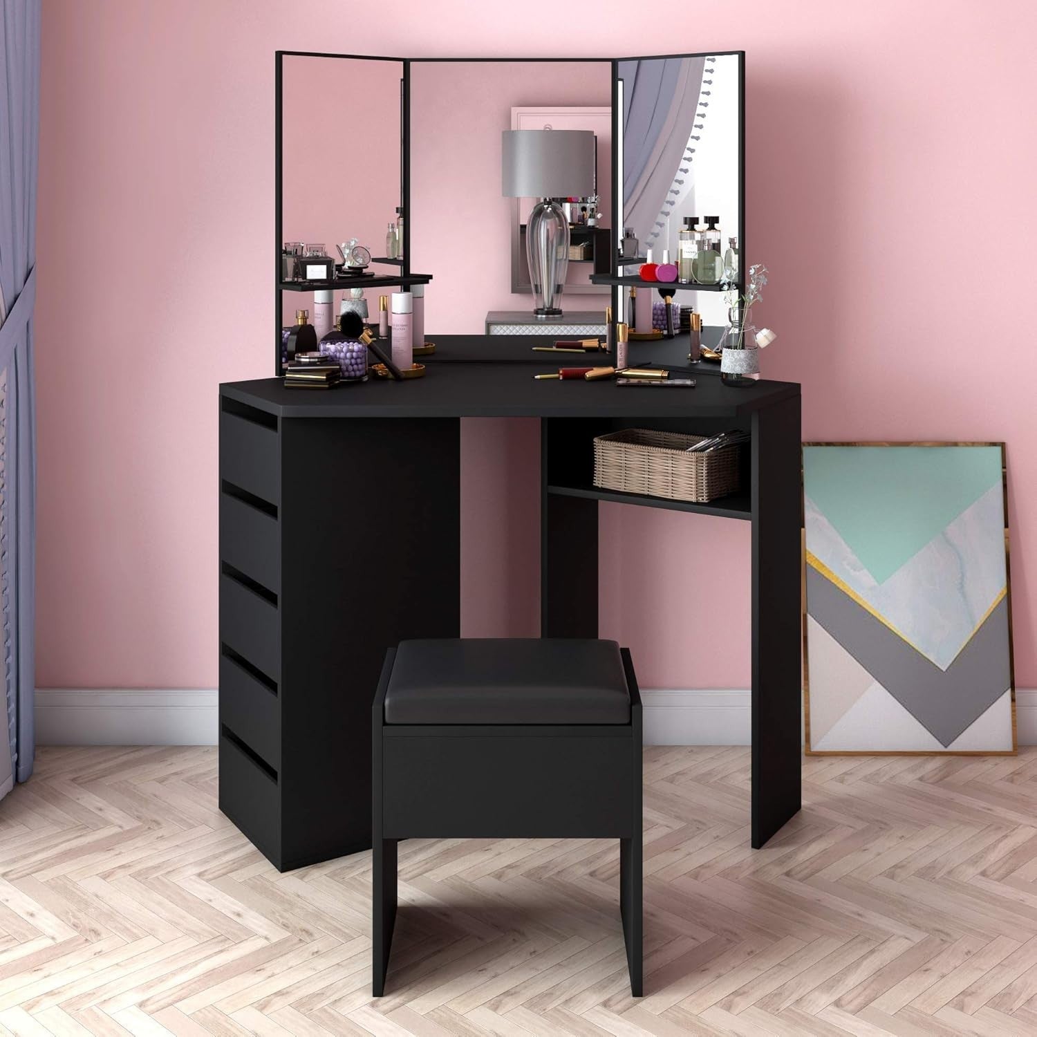Corner Dressing Table Desk with 3-Sided Mirror, 5 Drawers Storage, Black Wood Va