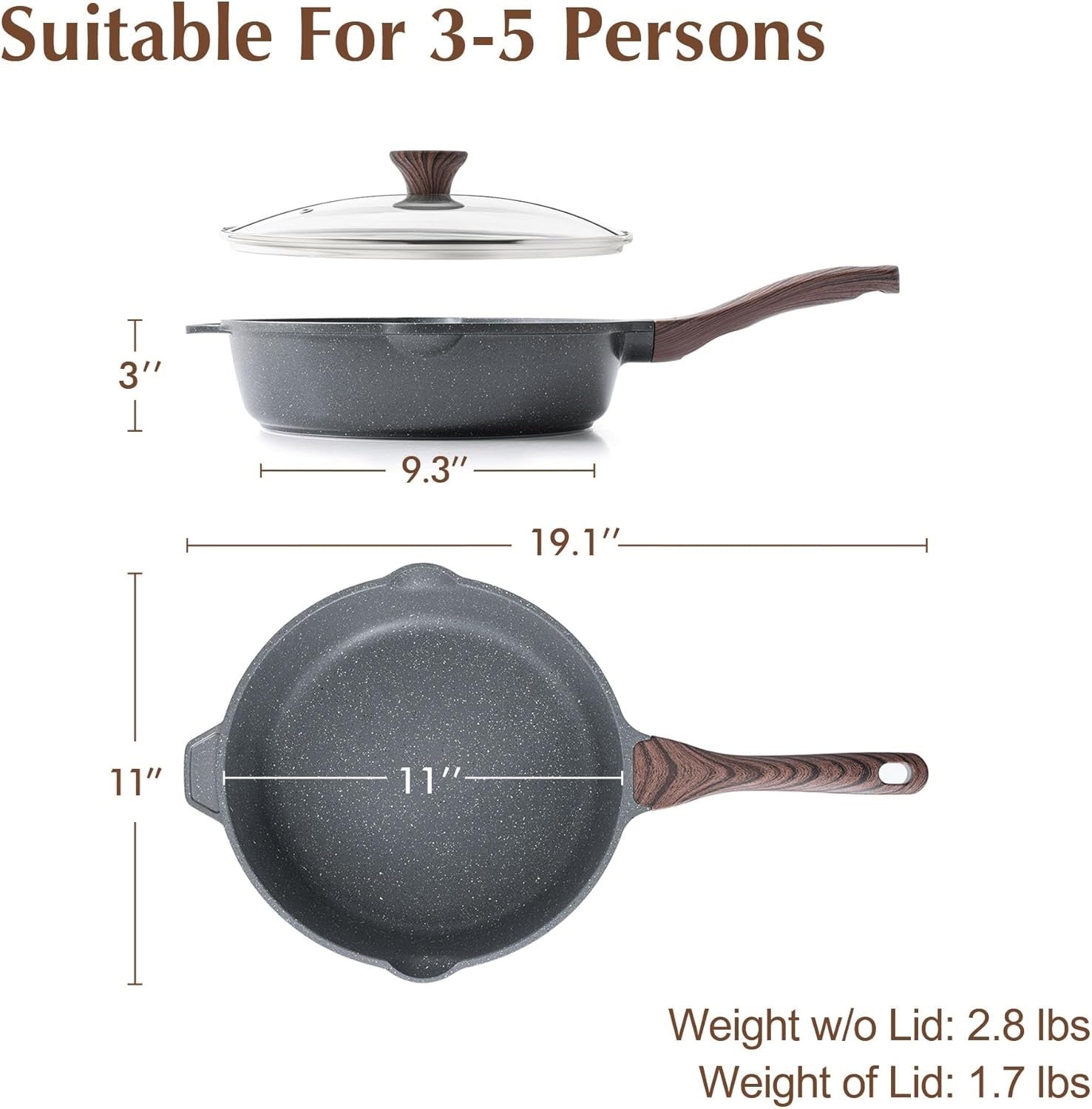 28cm Grey Deep Non stick Saute Pan with Lid 4.8 L  Skillet Induction Compatible