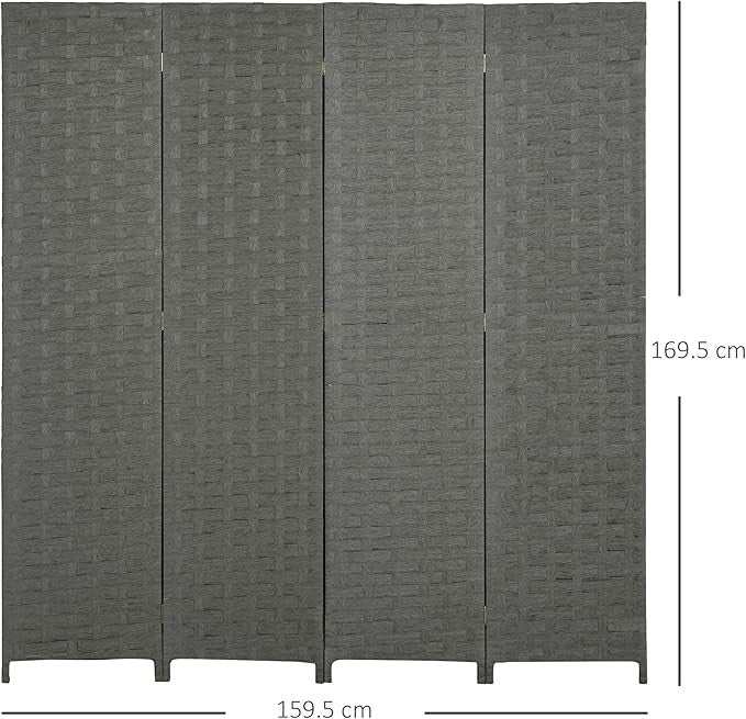 4 Panel Folding Room Divider – Grey Woven Privacy Screen for Bedroom