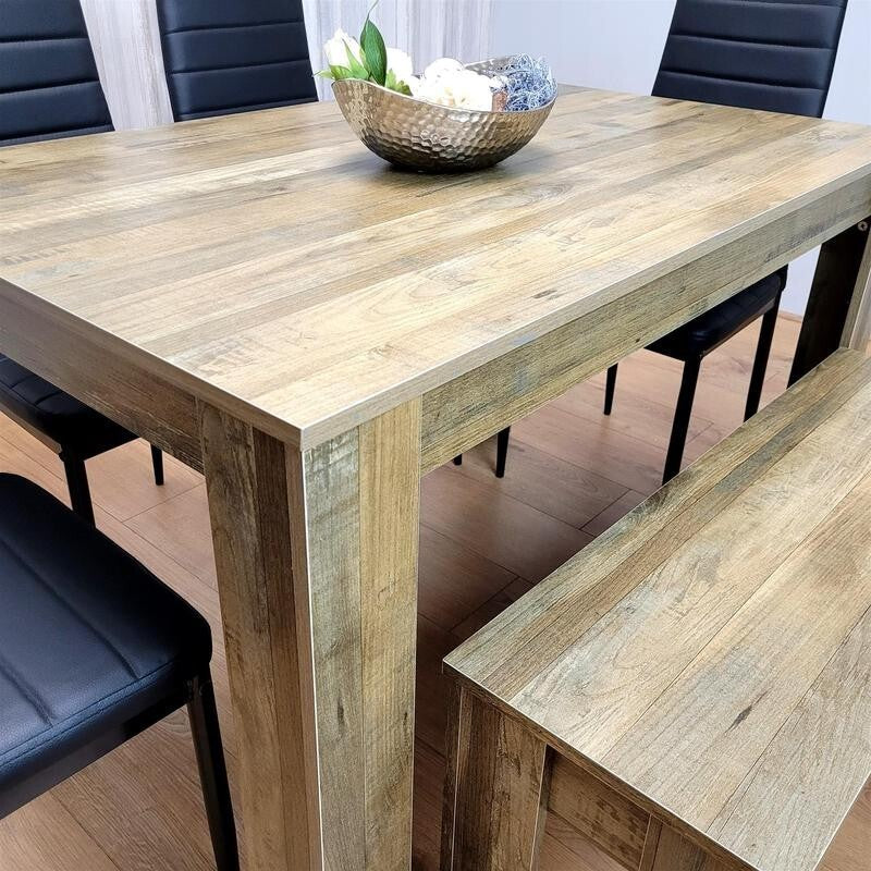 Rustic Dining Table Set with 4 Black Leather Chairs & Bench, 6 Seater