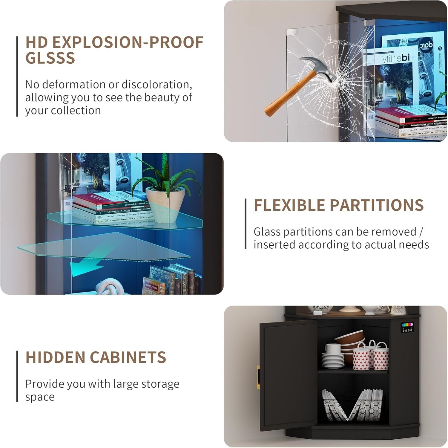 3-Tier Glass Display Cabinet with Motion Sensor & RGB Lights, 69" Corner Shelf