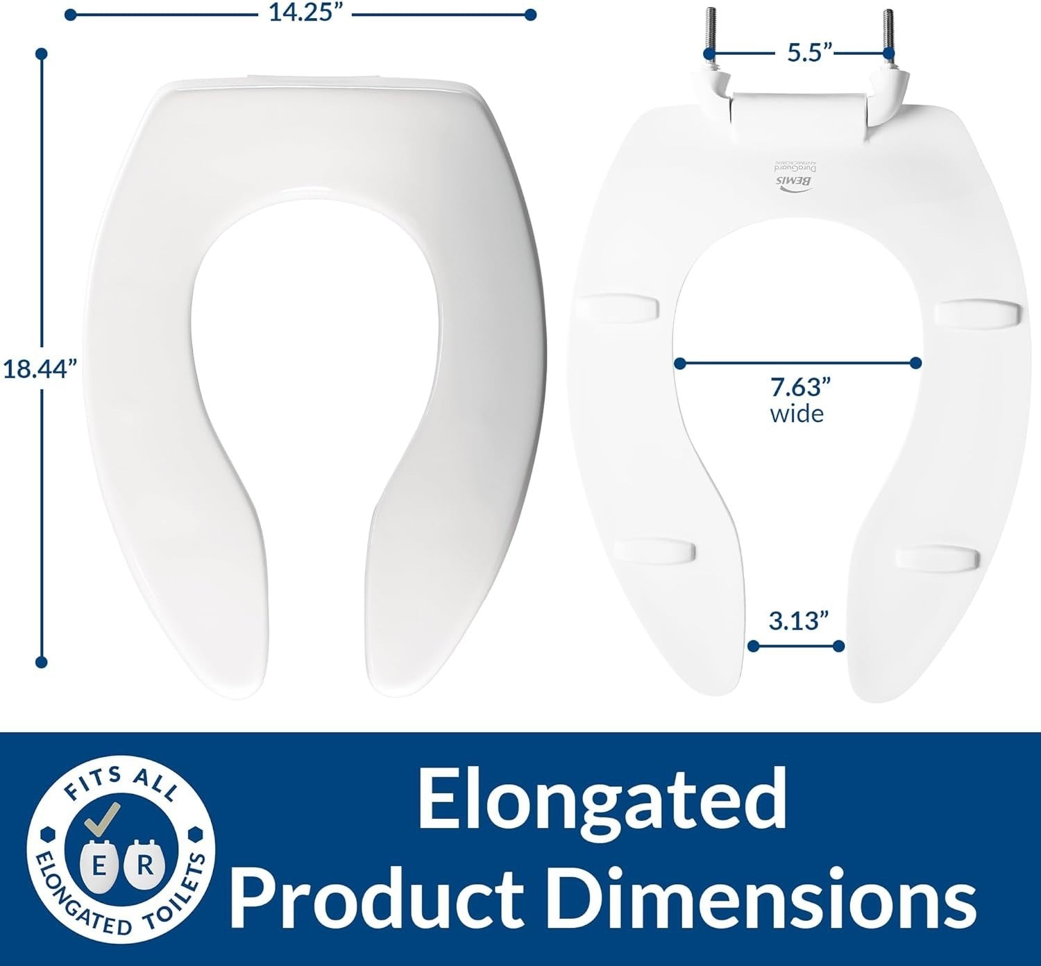 White Elongated Toilet Seat No-Slam Self-Sustaining Commercial