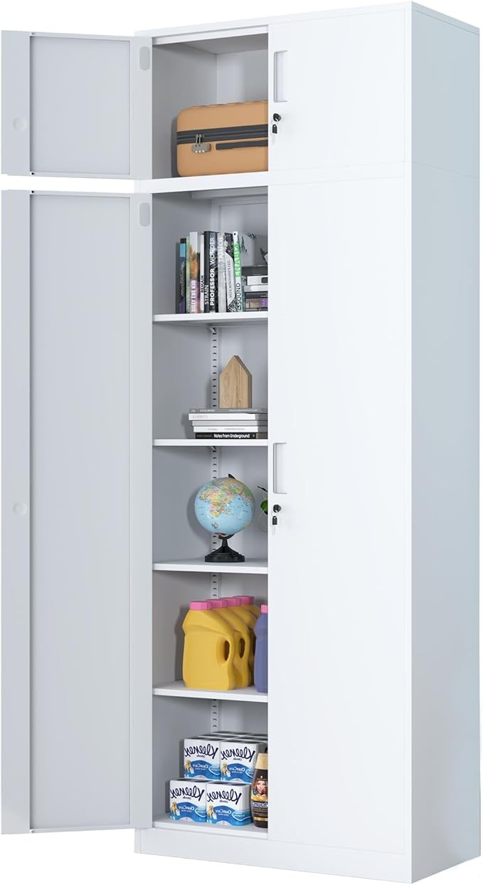 Tall White Metal Storage Cabinet with Lockable Doors 4 Adjustable Shelves