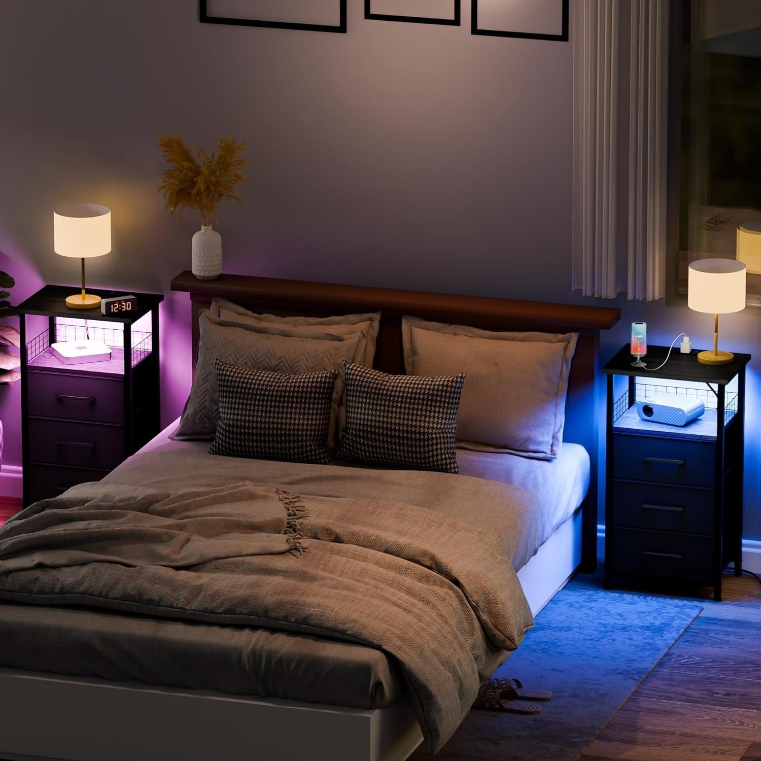 Set of 2 Black LED Bedside Tables with 3 Drawers, USB Ports & Power Outlets
