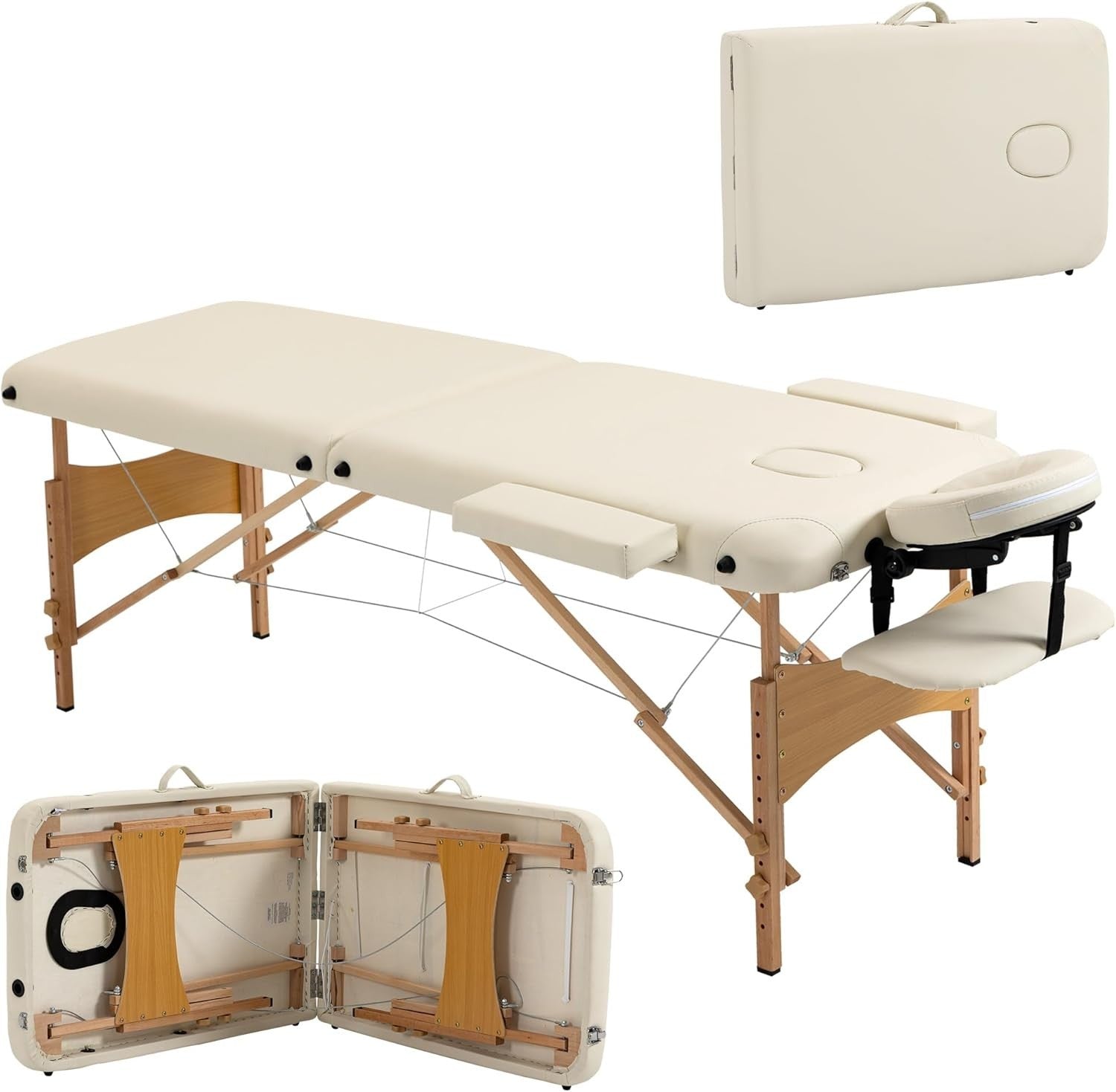 Portable Massage Table Folding 2-Section Wooden Beauty Spa Bed w/ Bag Cream