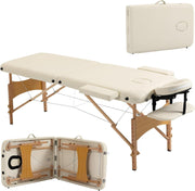 Portable Massage Table Folding 2-Section Wooden Beauty Spa Bed w/ Bag Cream