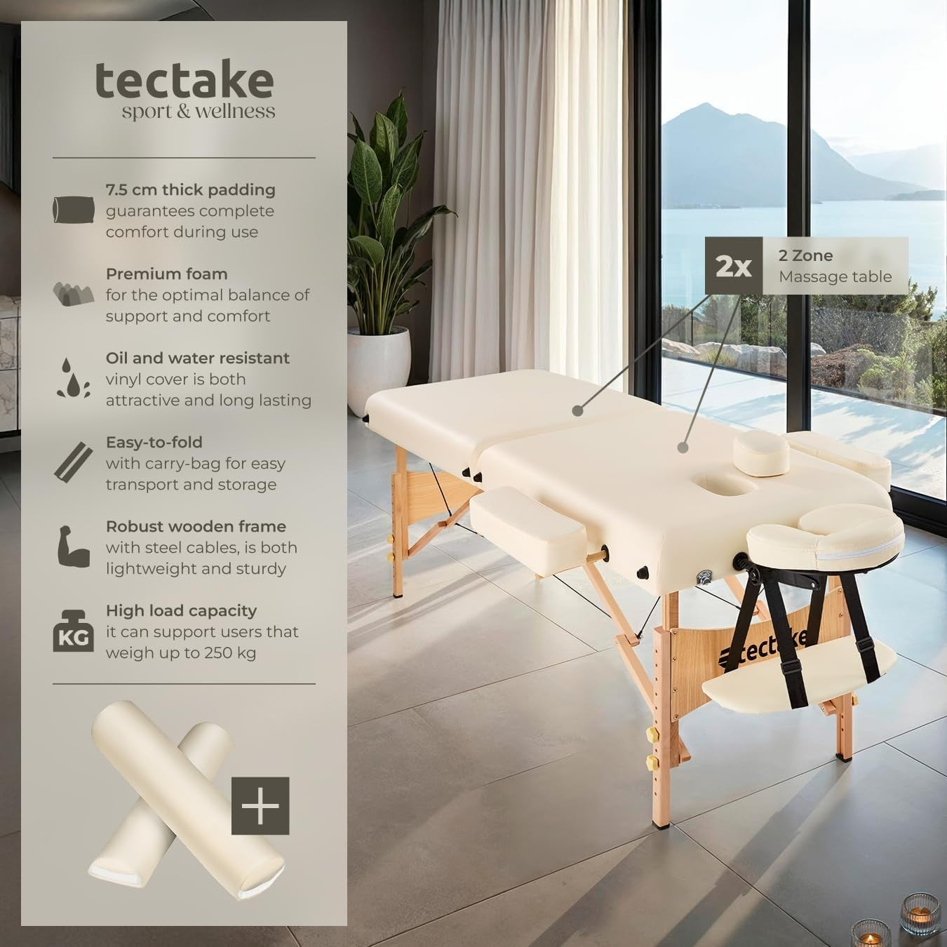 Portable Massage Table Foldable Beech Frame 7.5cm Padded Beauty Bed Beige