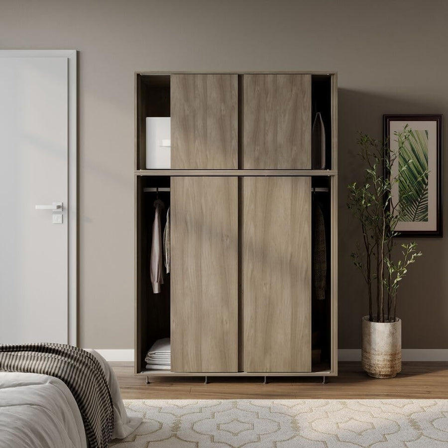 6-Door Oak Sliding Wardrobe with Adjustable Feet, Hanging Rail & Storage