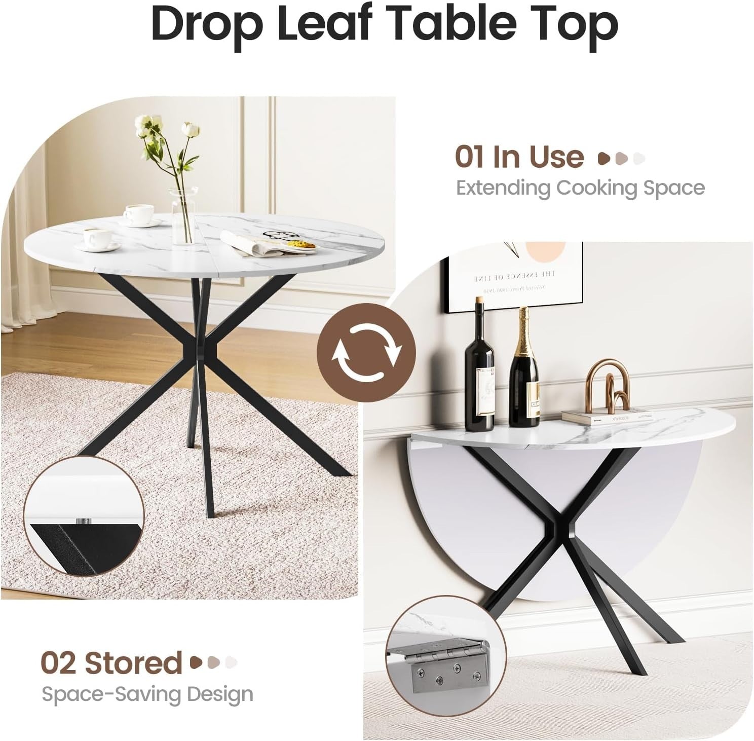 Folding Round Drop Leaf Dining Table Marble Effect Small Space Kitchen
