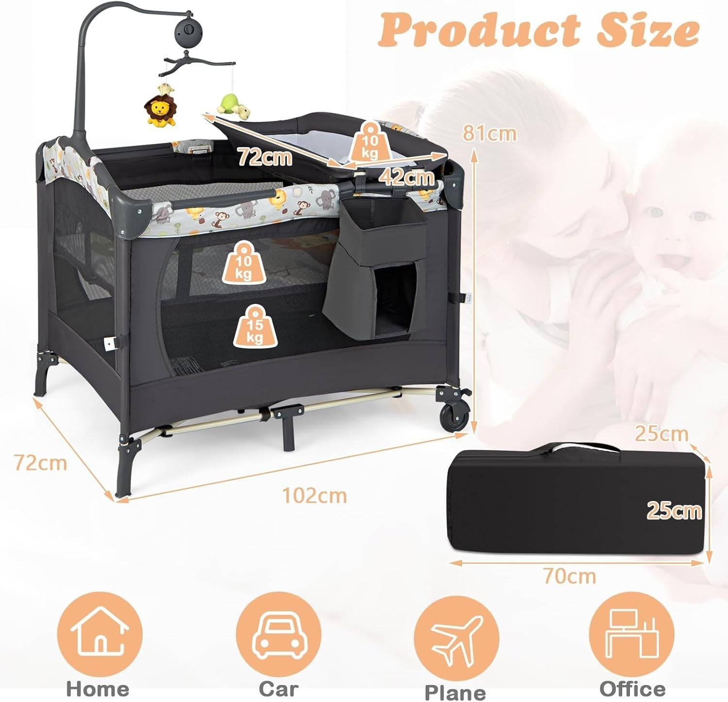 4in1 Travel Cot Baby Bedside Foldable Crib Bassinet Portable Playard Dark Grey