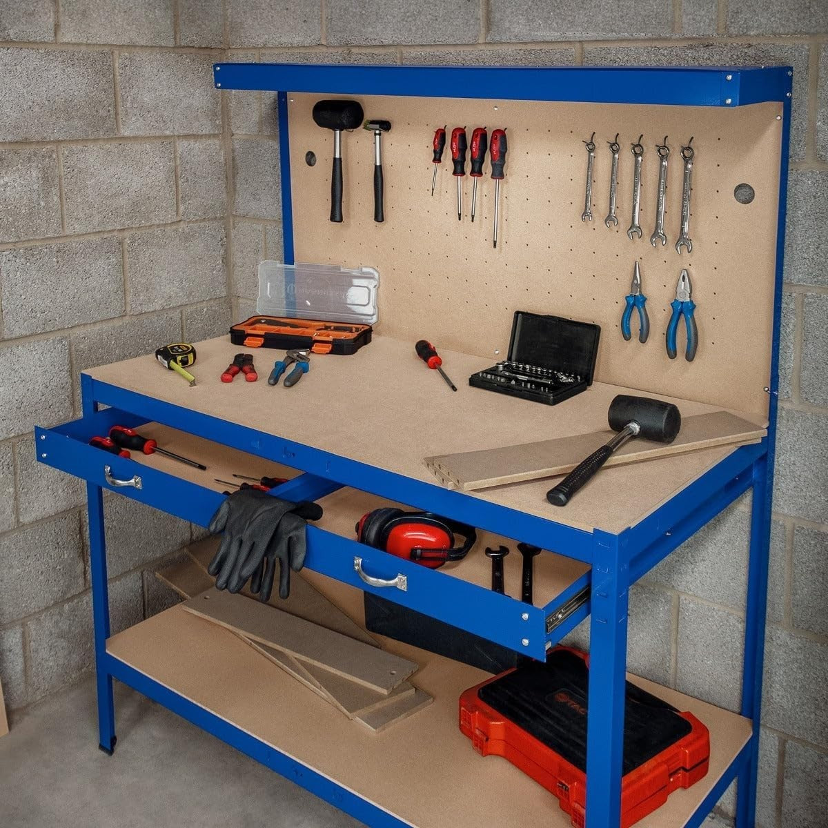 Blue Garage Workbench Steel Pegboard Drawer LED Light 370kg Tool Station