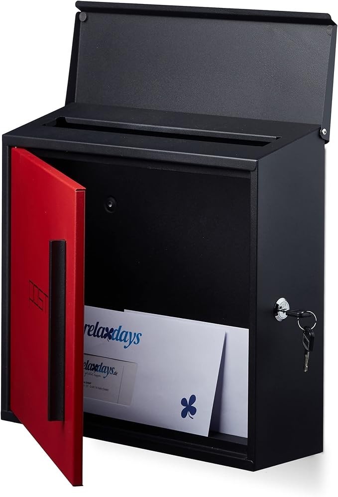 Wall Mounted Lockable Letterbox Steel Black Red | Large A4 Slot | Weatherproof