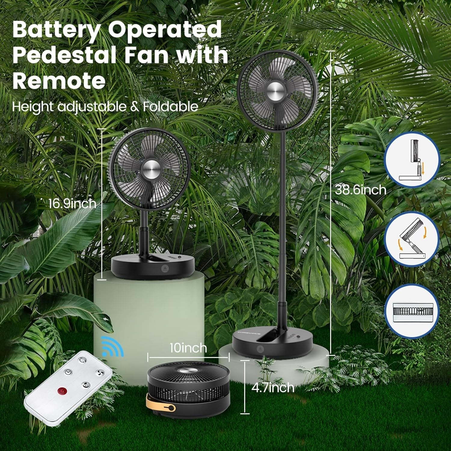 Rechargeable Folding Pedestal Fan 10 Inch 4-Speed Remote Control Portable Quiet