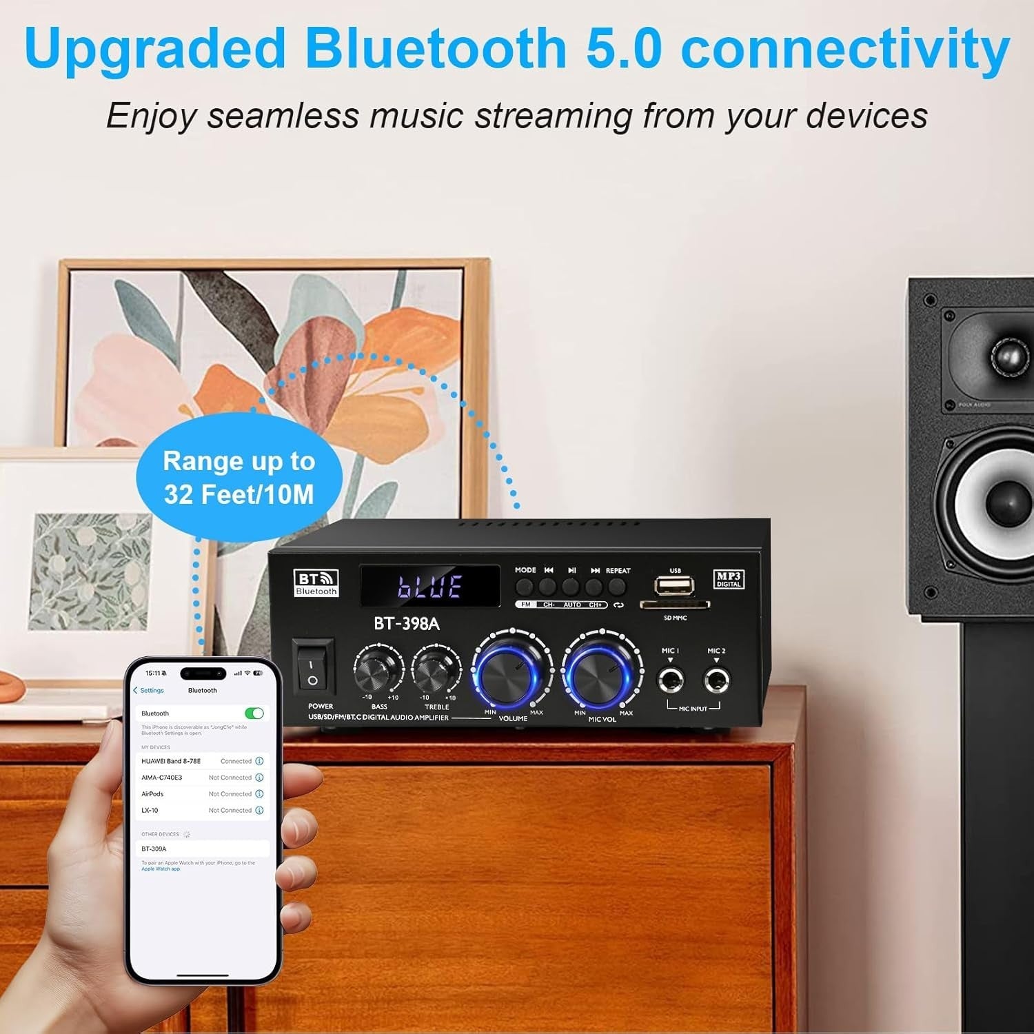 900W Bluetooth Stereo Amplifier 2 Channel Optical Coax FM