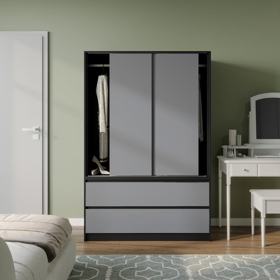 Grey Sliding Door Wardrobe with 4 Drawers & Hanging Rail - Space Saving