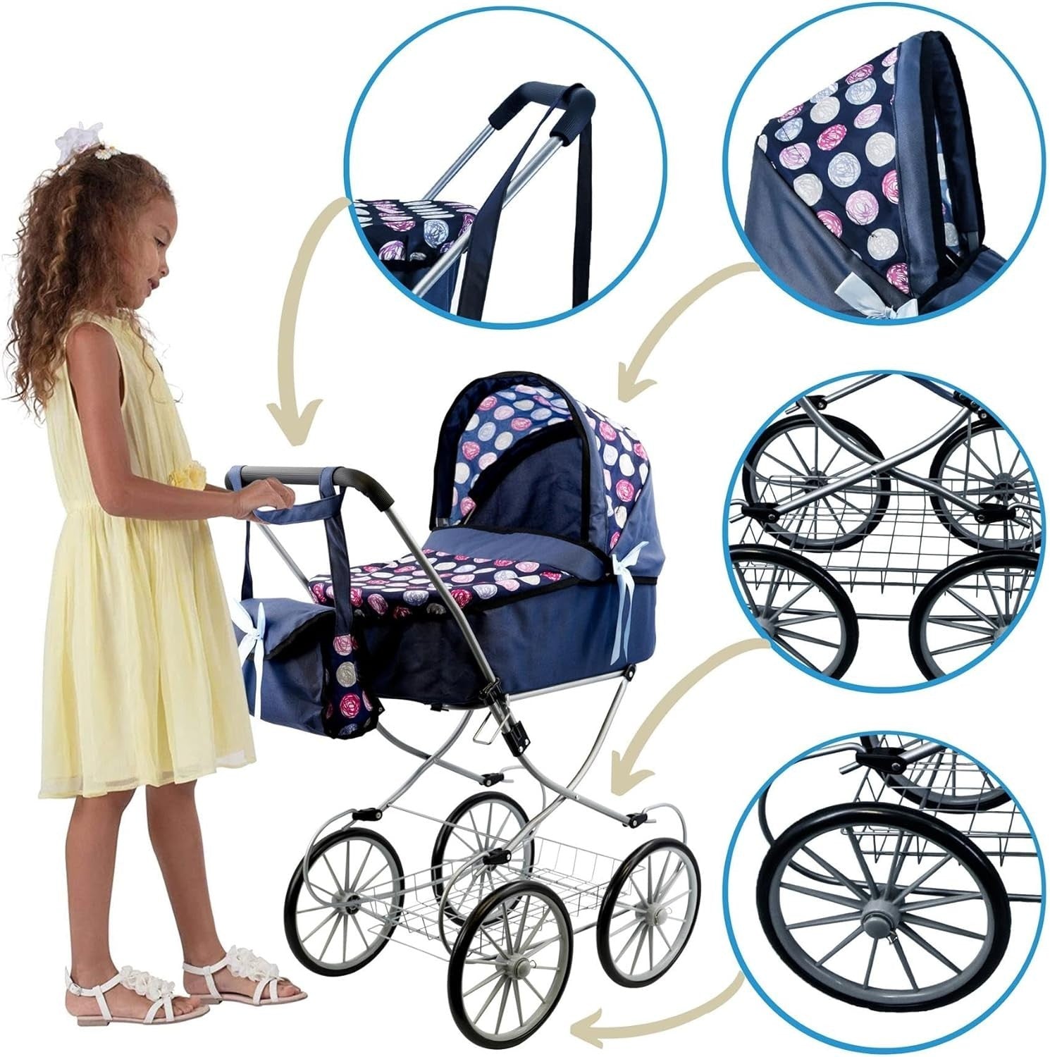 Blue Doll Pram Pushchair with Cot Adjustable Hood Basket Bag