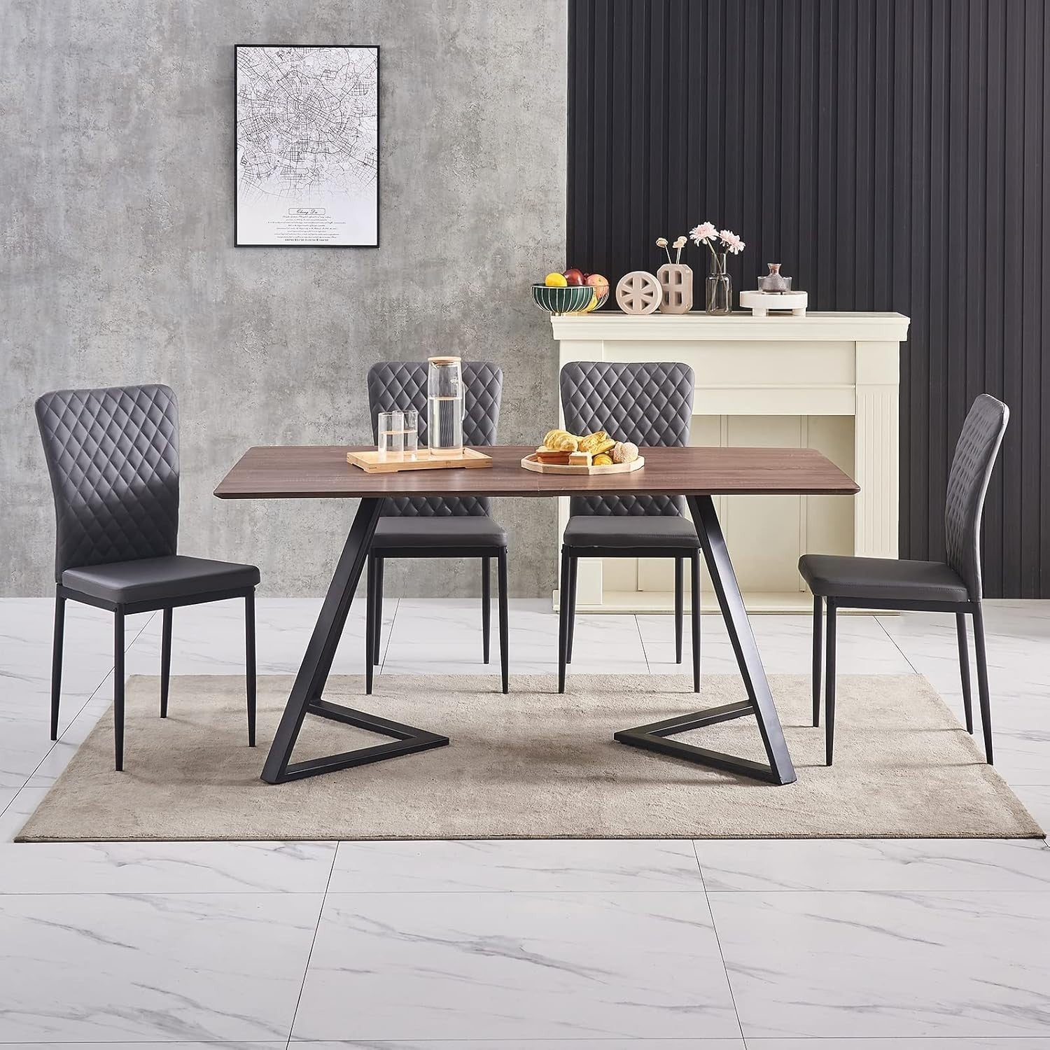 Oak Dining Table Set with 6 Grey Faux Leather Chairs, 150x80cm, Modern Kitchen
