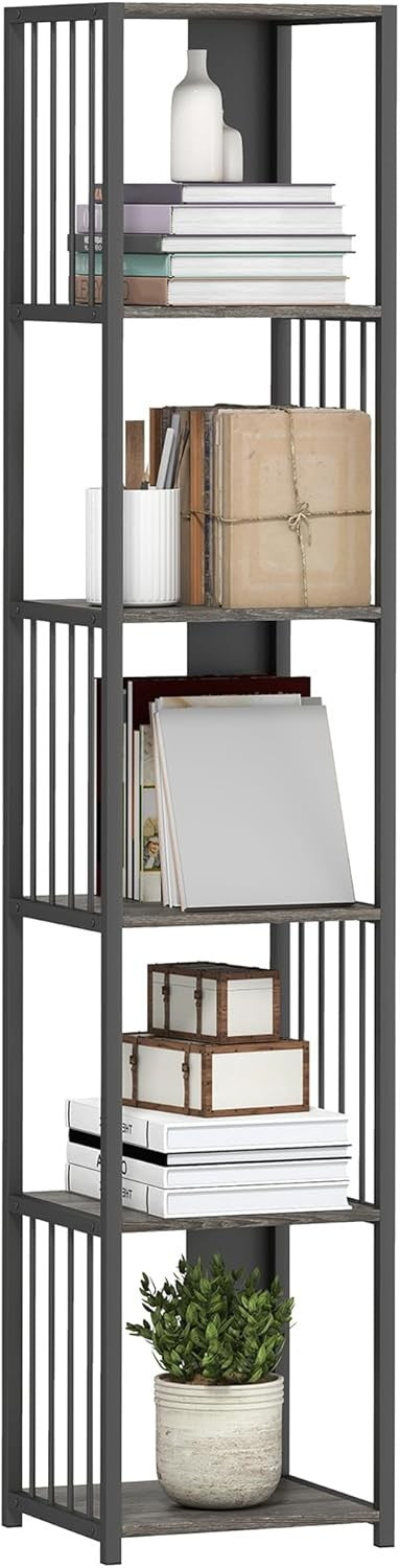 Tall 5-Tier Metal Frame Bookcase Modern Open Display Shelf Unit – Grey