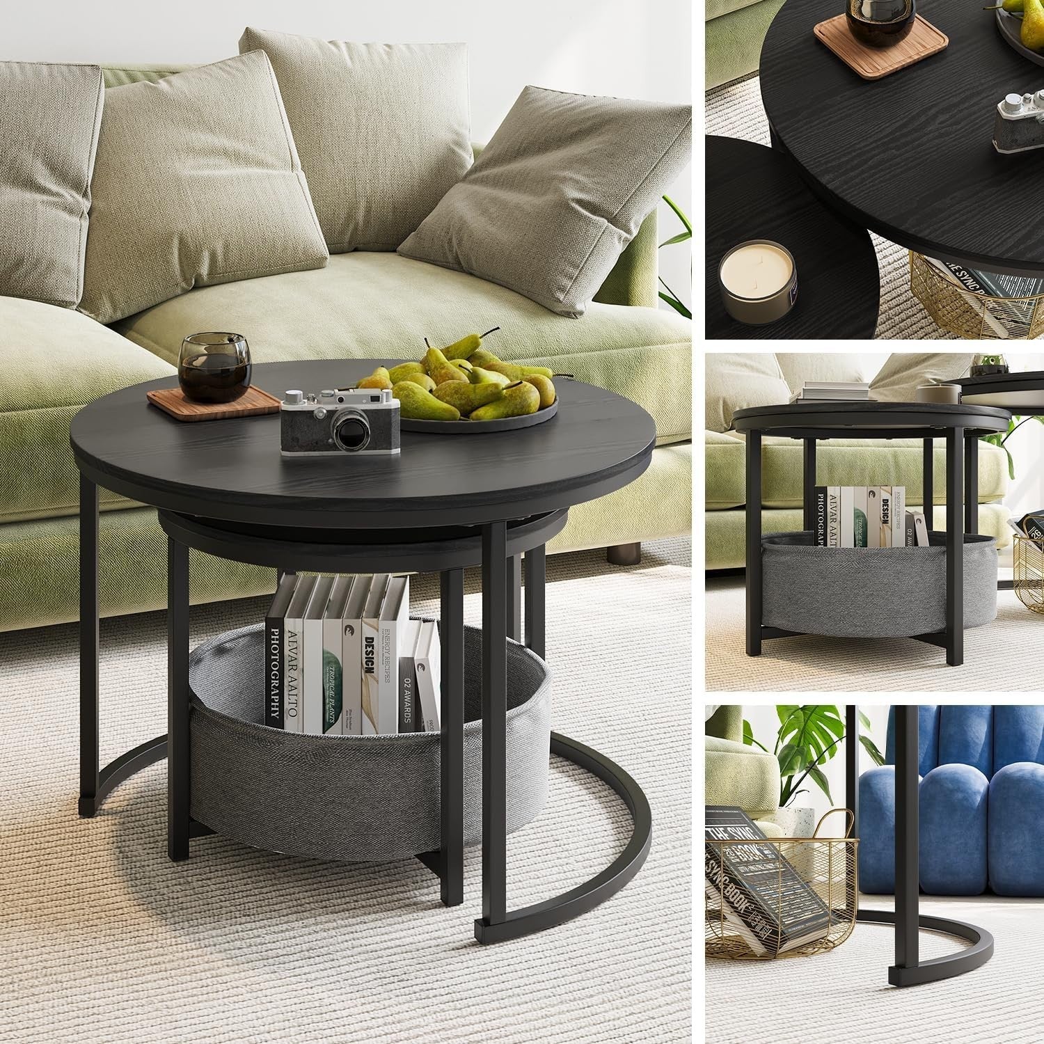 Nesting Coffee Table Set Black Round Side End Tables Modern Metal Frame (77 Char