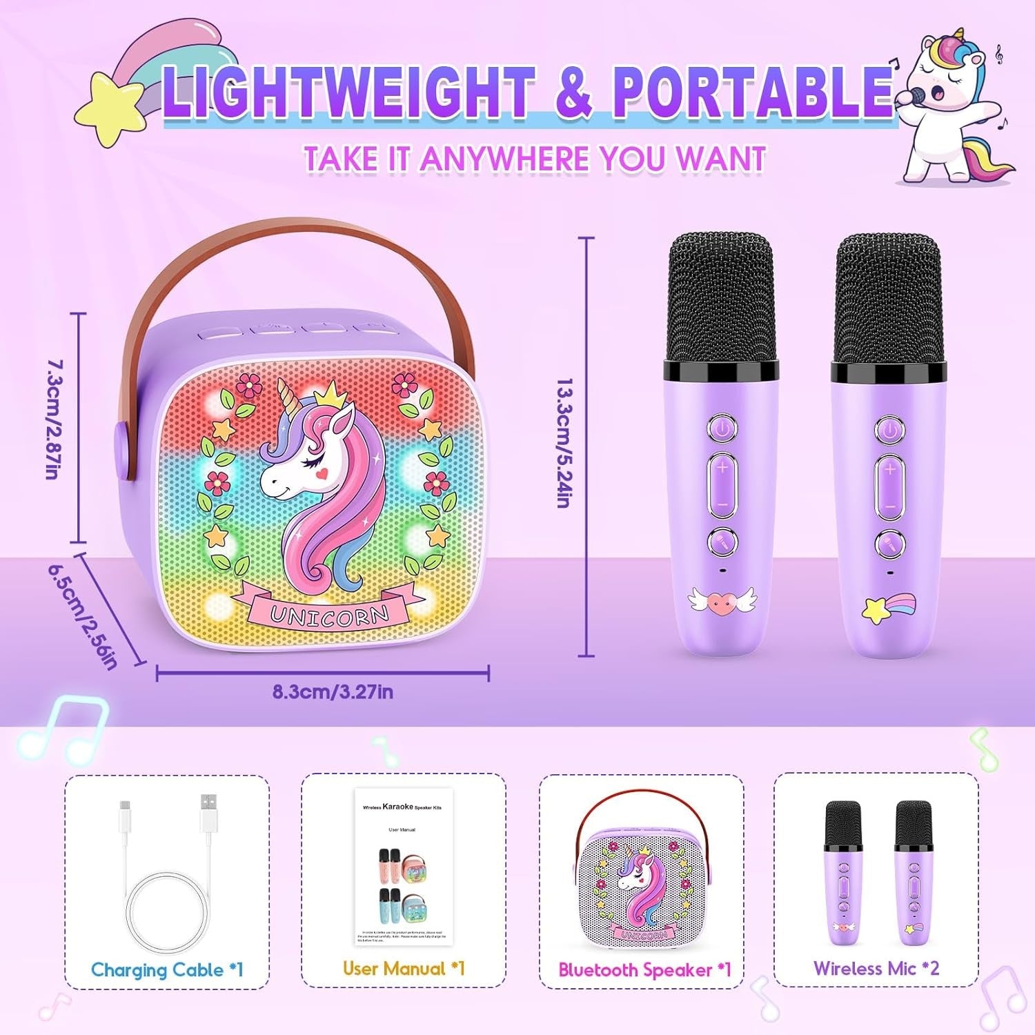 Mini Unicorn Karaoke Machine Kid Bluetooth Speaker 2 Mics