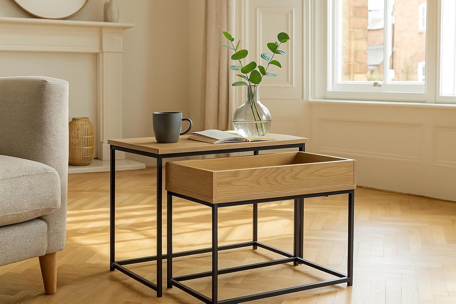 2 Nesting Side Tables Coffee Bedside Modern Steel Frame Melamine Top Black/Oak