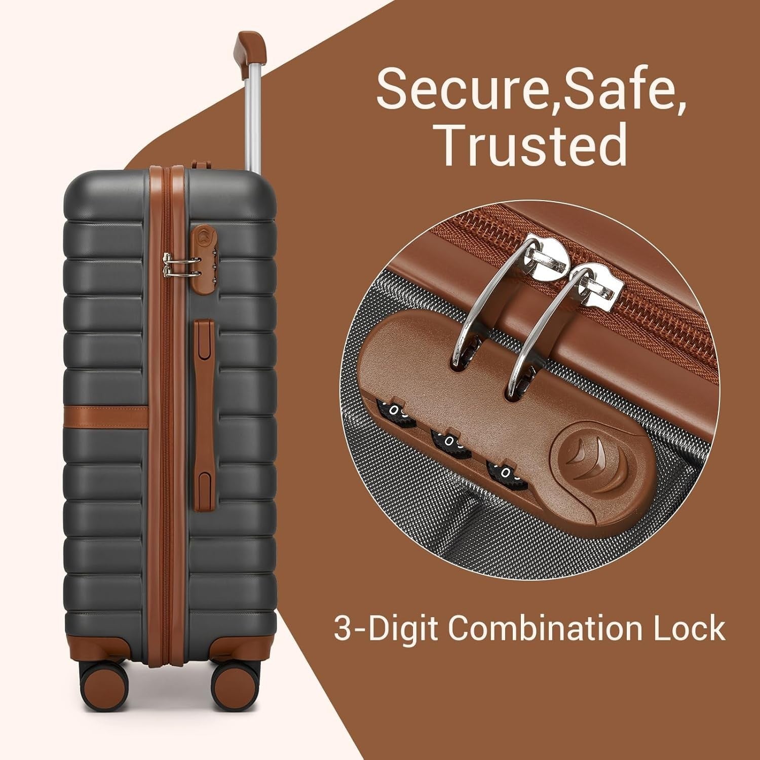 24'' Grey Brown Check In Suitcase ABS PC Hard Shell Spinner Wheels Lock