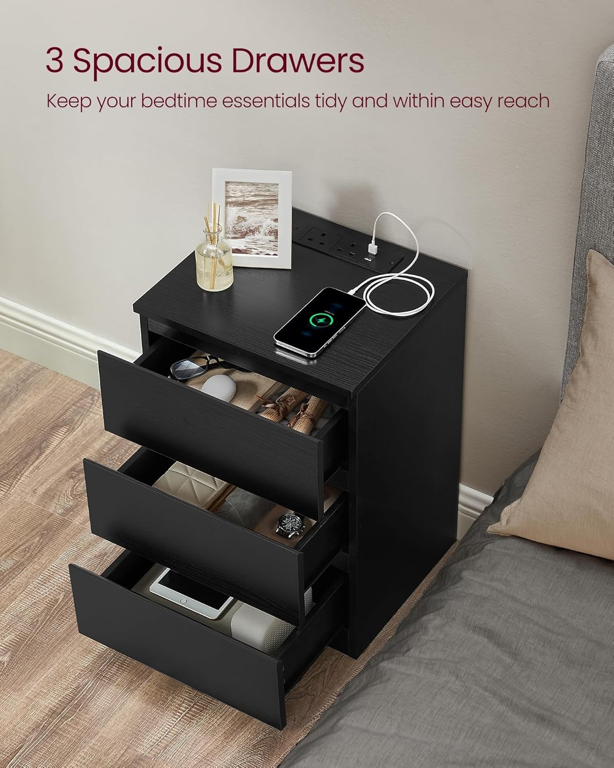 Black Bedside Table with Charging Station, 3 Drawers, USB & AC Ports, Modern