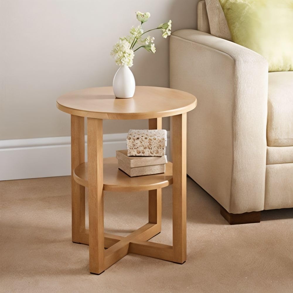 Round Oak Side Table with Shelf 50x50x50cm – Coffee End Table for Living Room