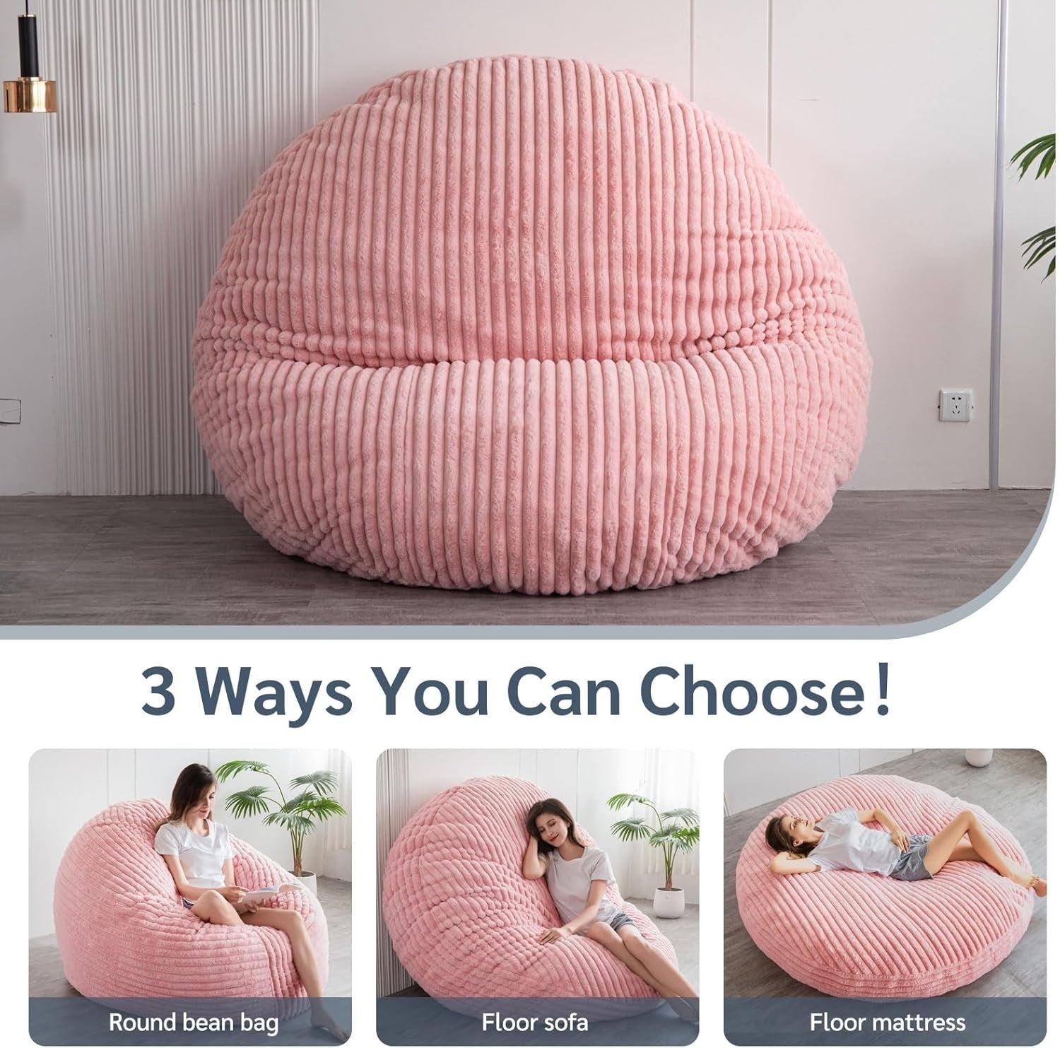 Round Pink Faux Fur Bean Bag Sofa Bed 150x150cm | Comfy Floor Chair