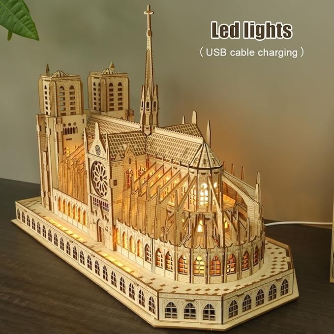 LED Lit Notre Dame de Paris 3D Wooden Puzzle Model – Realistic Build Kit