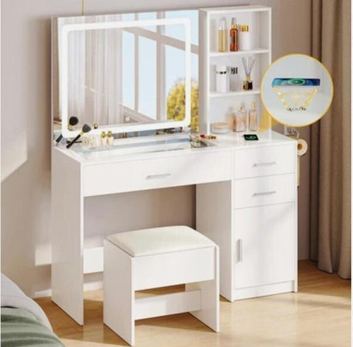 White LED Vanity Desk Set w/ Mirror Stool, USB, Storage & Wireless Charging