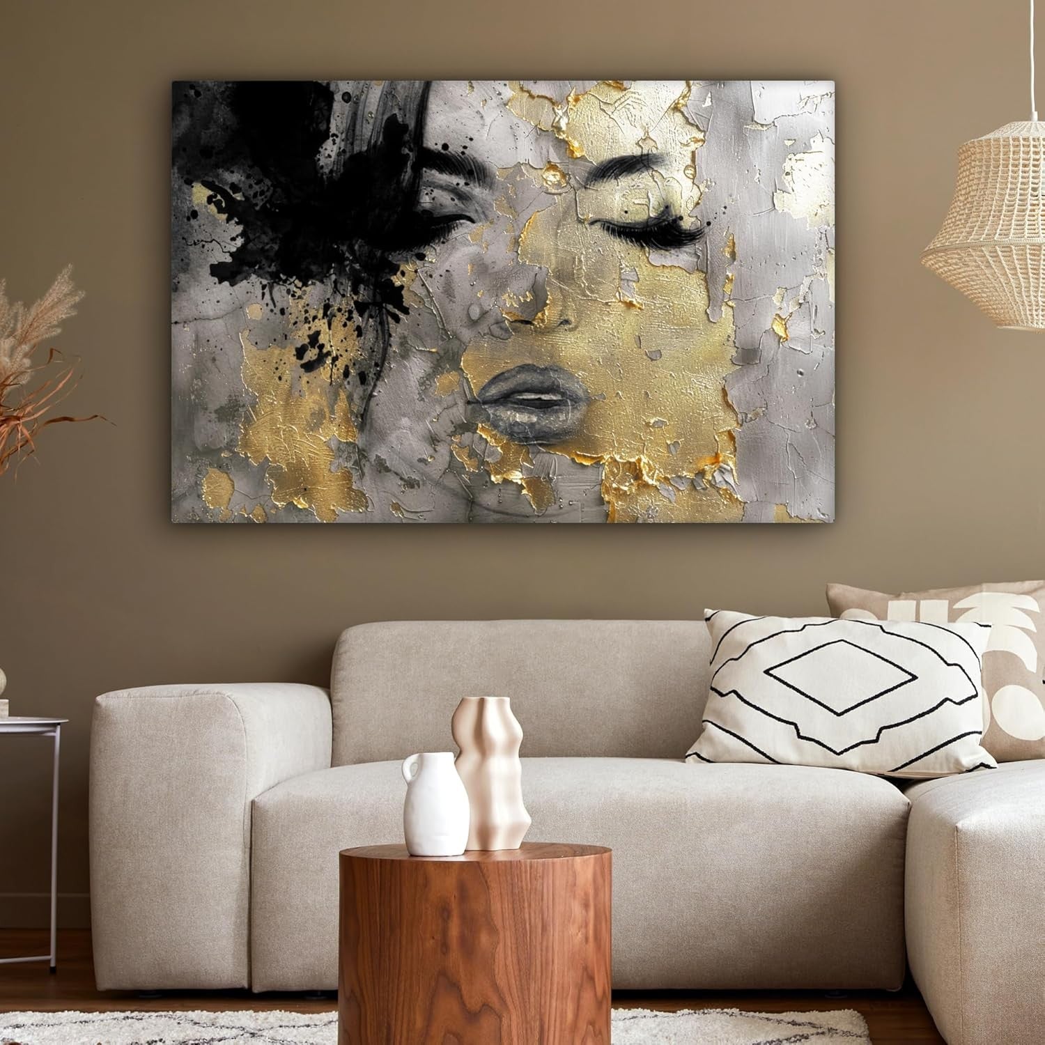 Large Abstract Woman Canvas Wall Art Gold Black 120x80cm Modern Decor