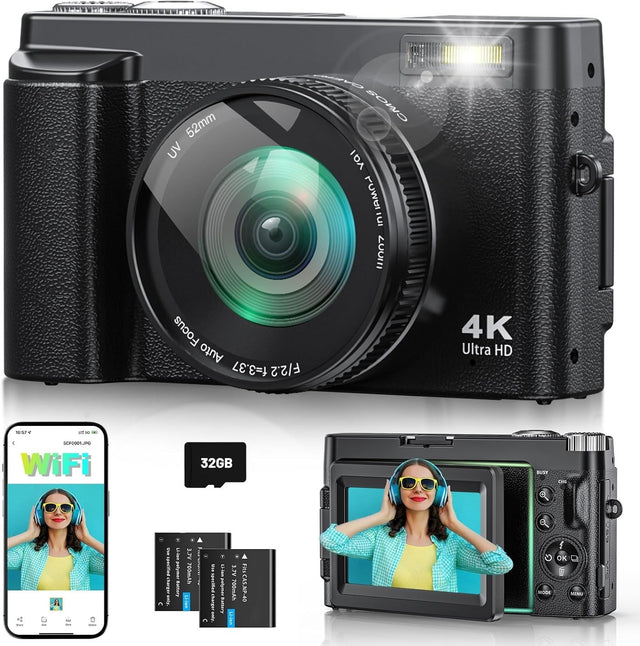 4K 64MP Vlogging Camera WiFi Flip Screen 16X Zoom SD Bundle